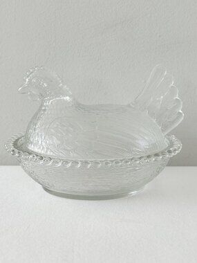 Vintage Indiana Glass Clear Hen on Nest Covered Dish 2 Pc MCM Farmhouse Holiday